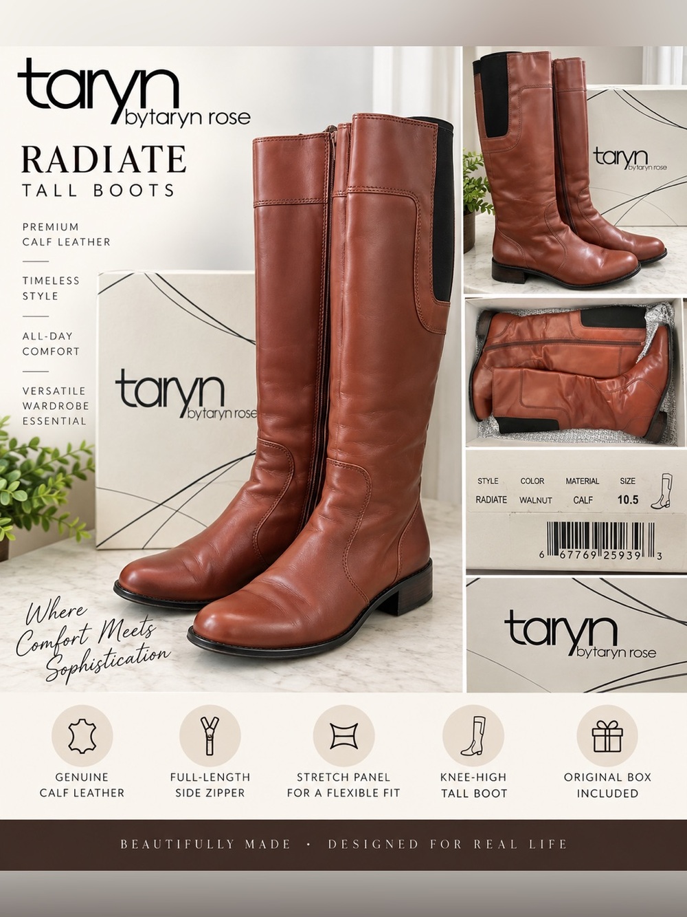 Taryn Rose Walnut Brown Knee-High Leather Boots